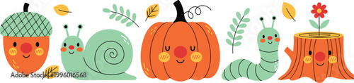 Cute autumn characters set with pumpkin, snail, caterpillar, acorn and tree stump in playful flat cartoon vector illustration style