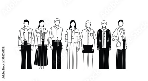 A black and white illustration depicts a group of eight individuals in various casual and formal outfits