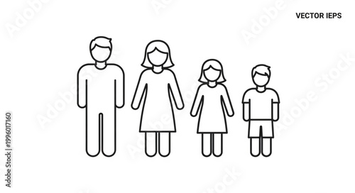 Simple Line Art Icon of a Family of Four.