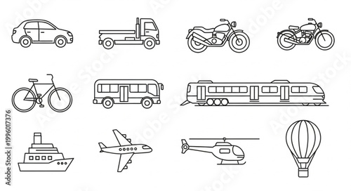 Collection of various transportation vehicles and modes of travel.