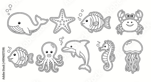 underwater sea animals illustration set with whale, starfish, fish, crab, octopus, dolphin, seahorse, jellyfish for kids coloring book