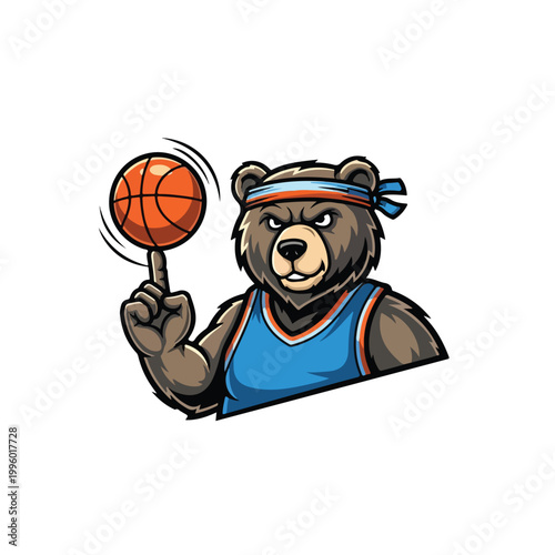 A determined grizzly bear mascot wearing a headband and jersey spins an orange basketball on its finger, showcasing athletic skill and mascot potential against a white background