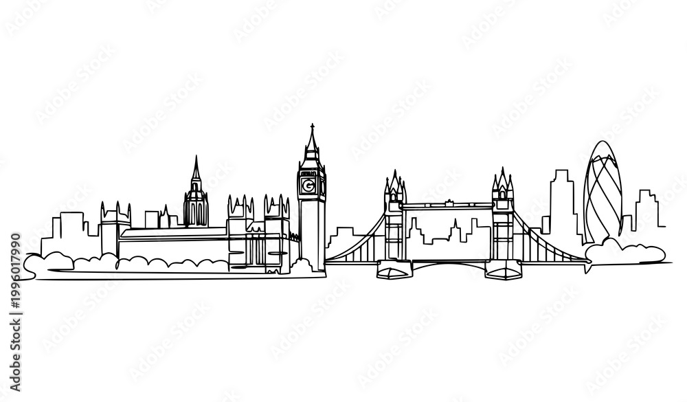 Fototapeta premium Minimal London skyline one line drawing with landmarks modern cityscape vector illustration
