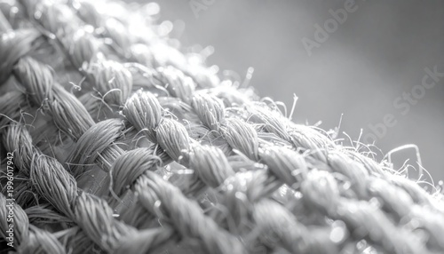 Monochrome macro close-up of a rustic woven fabric texture, showcasing the intricate details of intertwined natural threads and rough fibers against a blurred background
