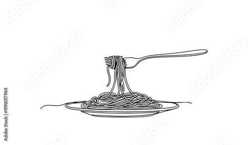Spaghetti with fork continuous one line drawing minimal food line art vector illustration