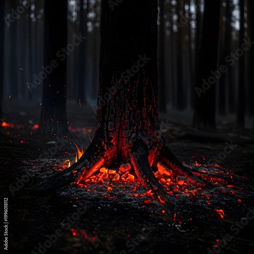 Eerie glow of embers illuminates the charred base of a tree in a dark, smoke-filled forest, depicting the destructive aftermath of a wildland fire and nature's raw power