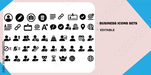 Collection of business and user interface icons representing diverse concepts and actions in black silhouette
