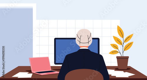 A businessman with a unique hairstyle sits at a desk facing a glowing computer screen