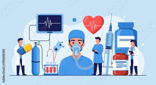Illustration of a patient wearing oxygen mask surrounded by medical staff and equipment with a heart monitor and medication in a clinical setting.