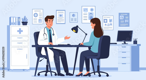 Illustration of a doctor and patient discussing health in a clinic office with a professional mood.