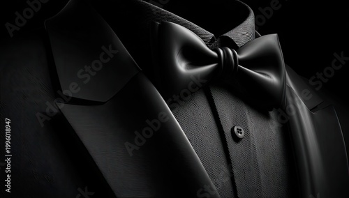 Elegant Black Tuxedo Suit with Bow Tie Close Up Detail.