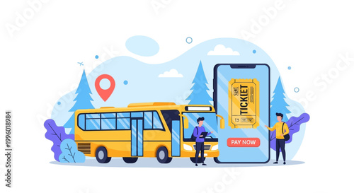 Illustration of a yellow school bus with a smartphone displaying a ticket, set against a scenic background with trees and a location pin.