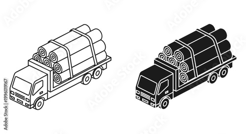 Logging truck icon set with timber cargo, isometric outline and solid style, white background, vector Illustration
