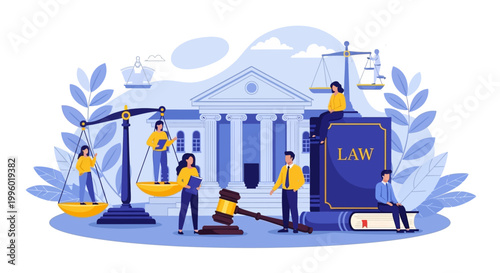 Flat illustration of law professionals working with legal symbols and a courthouse in the background with blue tones.