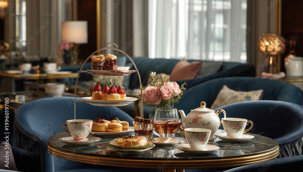 Fototapeta premium Elegant Afternoon Tea Service with Pastries and Tea Set.