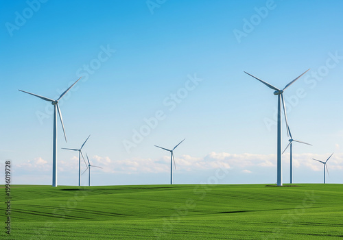 青空と草原に立ち並ぶ白い風力発電機