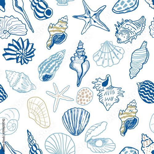 Seamless pattern with seashell in hand drawn style.Element for decoration design mail posts postcards poster print invitation background backdrop wrapping wallpaper banner textile