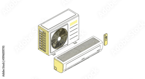 An exploded view illustration of a split system air conditioner showcasing indoor and outdoor units