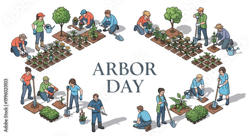 Isometric vector illustration showing people planting trees in a circular design for Arbor Day, symbolizing environmental conservation and reforestation with a focus on sustainability