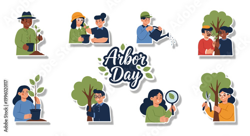 Collection of vector illustrations showing people participating in Arbor Day activities, planting trees and caring for the environment with bright colors and a clean design, promoting