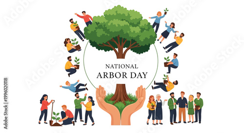 Overhead vector illustration of people involved in environmental conservation and reforestation efforts for a green earth concept on Arbor Day, arranged in a circle around a large tree