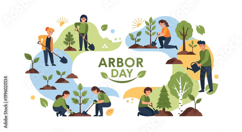 Illustrated vector design showcasing Arbor Day with people planting trees, set against a white background, embodying the environmental protection campaign and reforestation concept