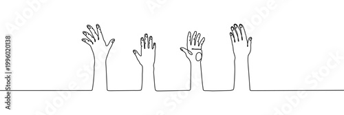 Continuous one line hand volunteer draw doodle up group drawing. Arm hand up art vote single people friendship pray raise education crowd finger charity life touch man outline person black world many