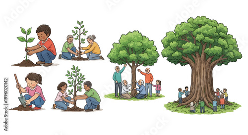 Arbor Day illustrations show children and adults planting trees for environmental conservation, depicted in a bright, cheerful style against a white background, promoting reforestation
