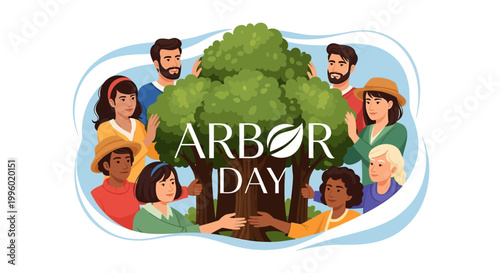 A flat vector illustration shows a diverse group of people surrounding a large tree, supporting a tree planting day and reforestation concept on a white background, promoting environmental