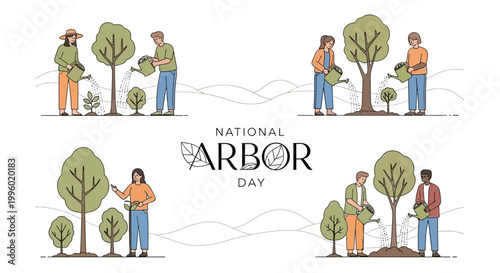 Arbor Day is depicted with people planting trees and watering saplings, showcasing environmental conservation in a vector illustration with a clean design promoting a green earth concept