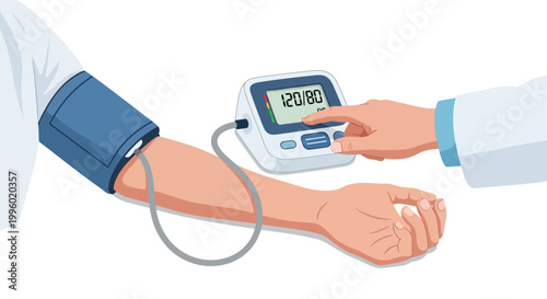 Close-up of a person's arm with a blood pressure cuff and a doctor taking a reading with a digital monitor