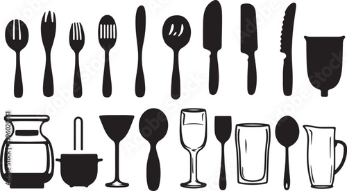 Set of kitchen utensils and cutlery isolated on a white background featuring silver steel forks spoons and knives for dining restaurant and meal use