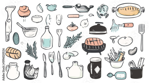 Seamless vector set of kitchen utensils and tools with coffee cups, teapots, food icons, and cooking symbols in a simple design