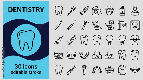 Collection of dental icons and tools for dentistry and oral health care services and equipment  medical symbols