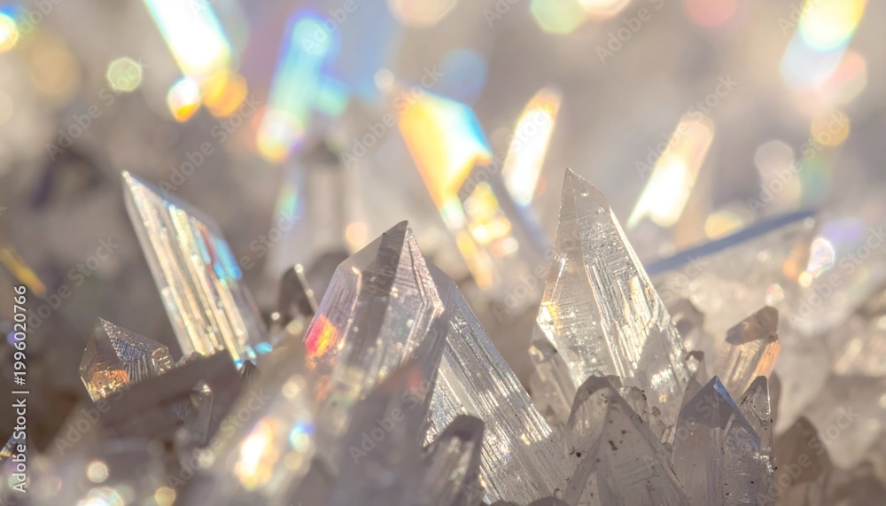 Obraz premium Macro photograph of sparkling quartz crystals with rainbow light refractions, capturing the raw beauty of geological formations and natural energy