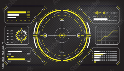 Futuristic HUD Interface Design – Cyberpunk Tactical Target Display with Data Charts and Yellow Accents
