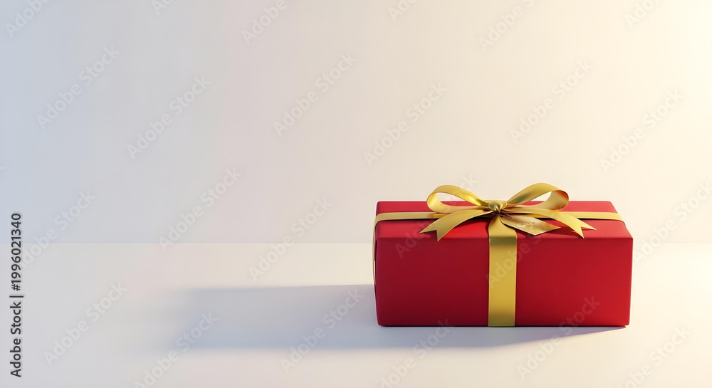 Fototapeta premium A red gift box with a gold ribbon sits on a white surface.