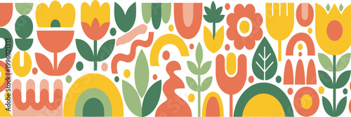 Floral pattern background with various abstract shapes flowers and organic leafy elements.