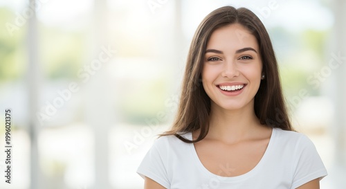 明るい背景で誠実な笑顔を向ける若い女性 Free Download 明るい背景で誠実な笑顔を向ける若い女性 - GFXLoad