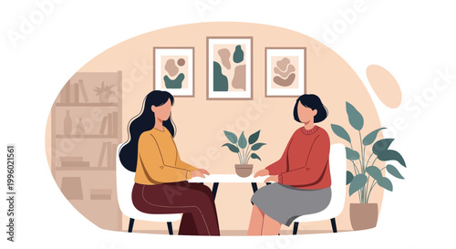 Foto Two women are seated in a cozy living room engaged in conversation and facing ea