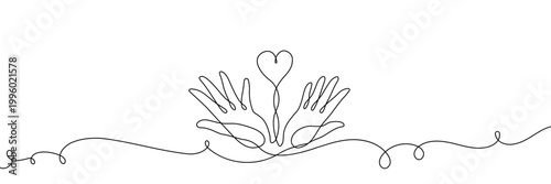Continuous one line hand heart care health love art support volunteer. Hand heart draw life human charity icon hope donation linear family vector medicine cardiogram gift stroke emotion simple drawing