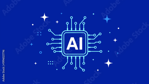 AI Chip: Illustrative representation of an AI chip, with the letters AI emblazoned on the central processing unit, symbolizing artificial intelligence, technological advancement.
