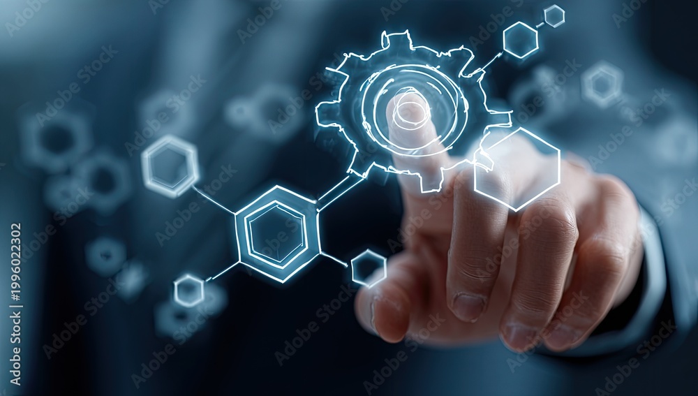 Fototapeta premium Futuristic Technology Interface with Hand Interacting with Digital Network.