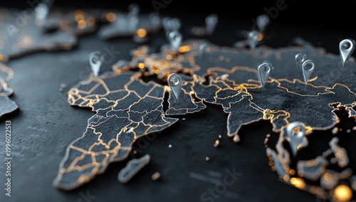 Global Map with Glowing Borders and Location Pins.