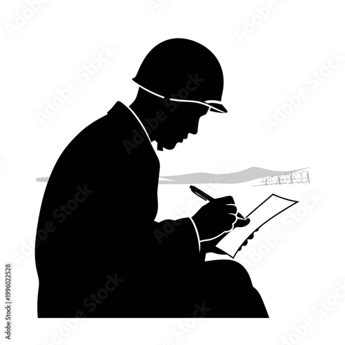 Silhouette of a construction worker in a hard hat writing on a clipboard.