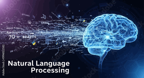 Neural network, brain, natural language processing, AI, futuristic, glowing blue, circuit board