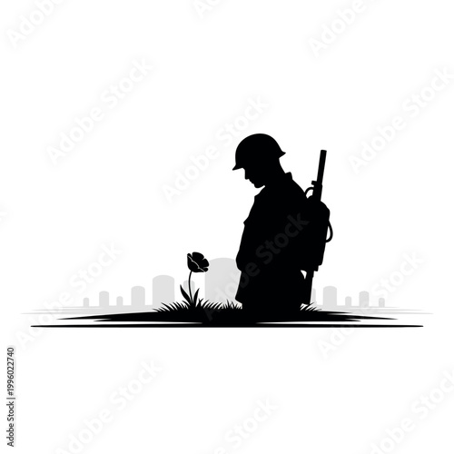 Silhouette of a soldier honoring a poppy.