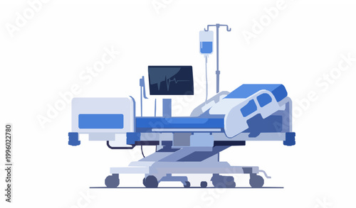 Hospital Bed with Heart Monitor Clinical Flat Vector Illustration