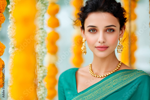 Luxury Hariyali Teej Banner with Elegant Woman in Green Saree