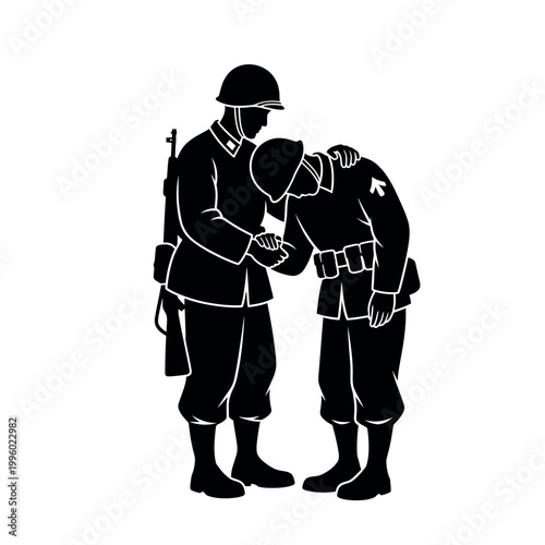 Two soldiers in silhouette one comforting the other.